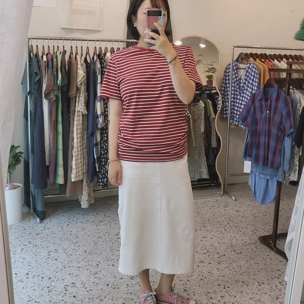 Uniqlo JPN 버건디레드 스트라이프 반팔티