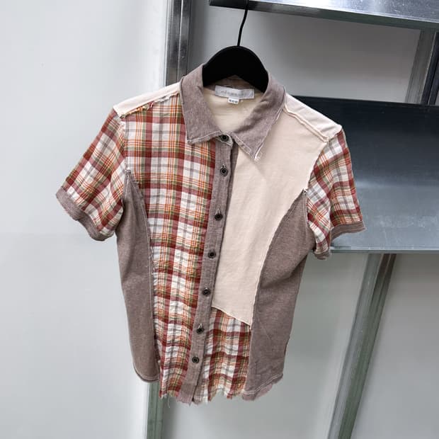 beige cotton check half shirt