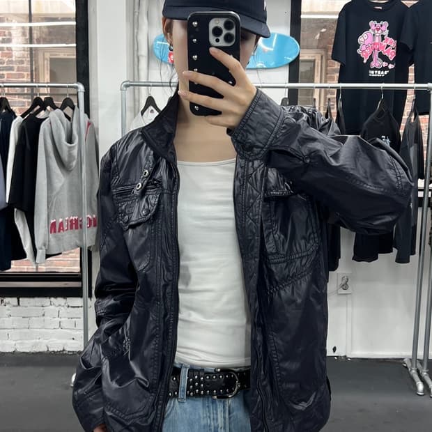 Get Used 넥버튼 나일론 바이커 자켓