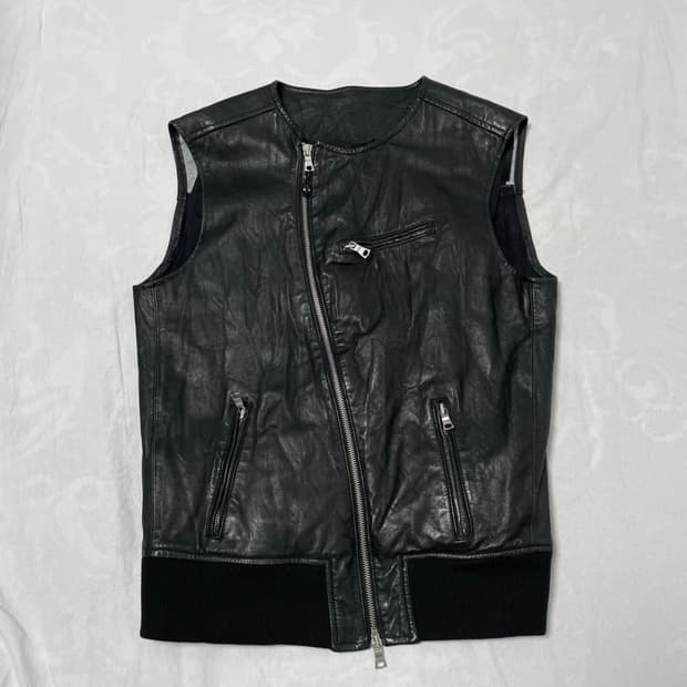 None Skull Diagonal Zip Leather Vest