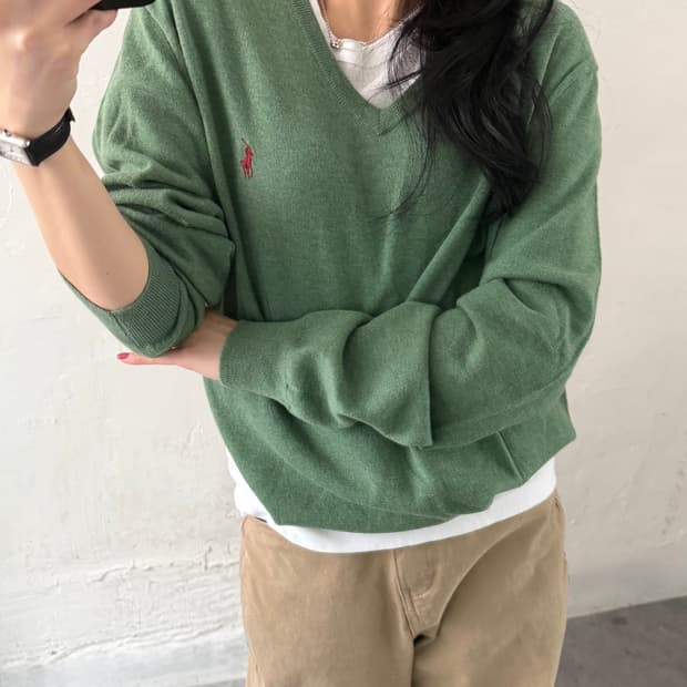 새상품 Polo 폴로 랄프로렌 메리노울 그린 브이넥 니트