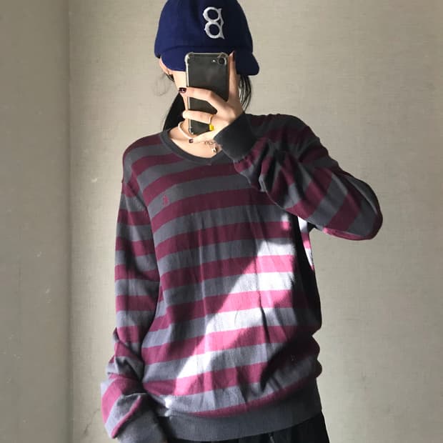 빈폴 그레이 버건디 스트라이프 니트