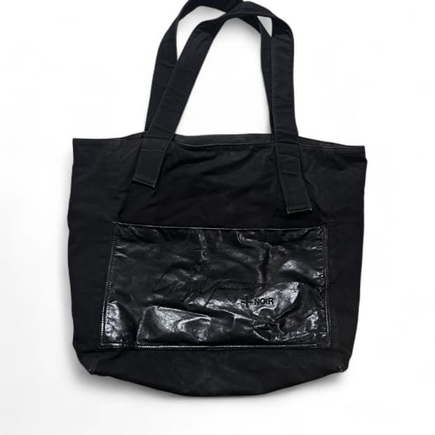 요지 야마모토 느와르 가죽 코튼 레터링 토트백