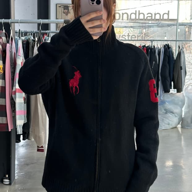 폴로랄프로렌 빅포니 넘버링 암패치 램스울 니트집업