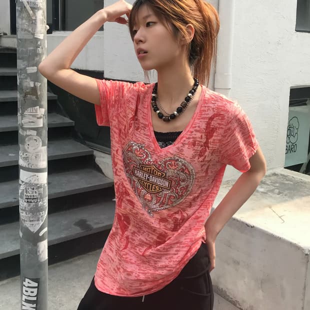 (상의 세트) 할리데이비슨 큐빅 펑크 반팔 티셔츠 + 프릴 나시