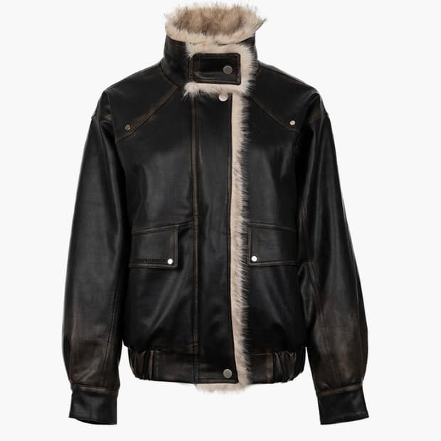 러프넥 워싱 레더 무스탕 자켓 S