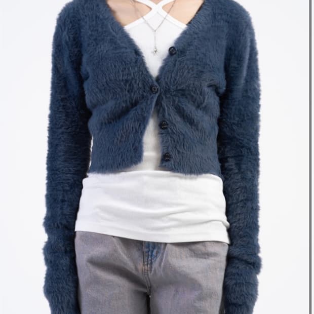 애즈온 브이넥 마카롱 퍼 가디건 블루 