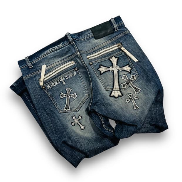 펑크 Be Ambition 크로스 대거 와이드 데님 팬츠