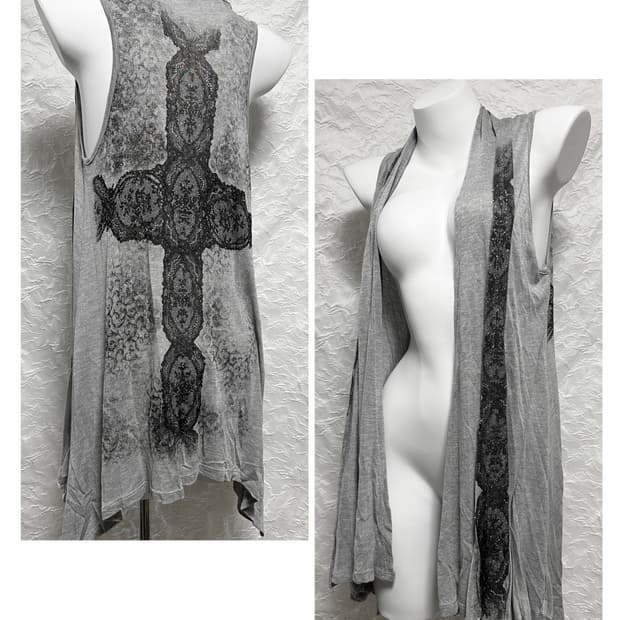 빈티지 vkei 펑크 스프레이 패턴 언발 롱 베스트