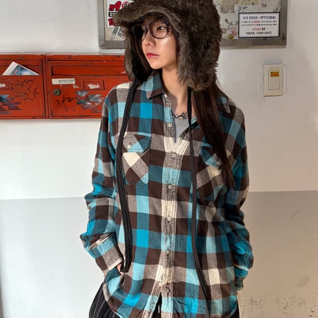90s 민트초코 플란넬 체크 셔츠