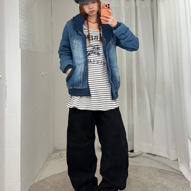 버버리 스트라이프 A라인 롱슬리브 데님 패딩 러힙 코디 세트