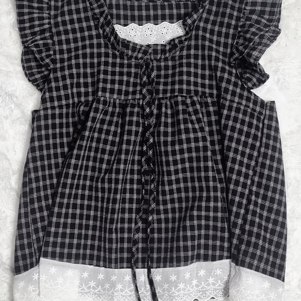 [새상품] 체크 프릴 블라우스 모리걸 모리 리본