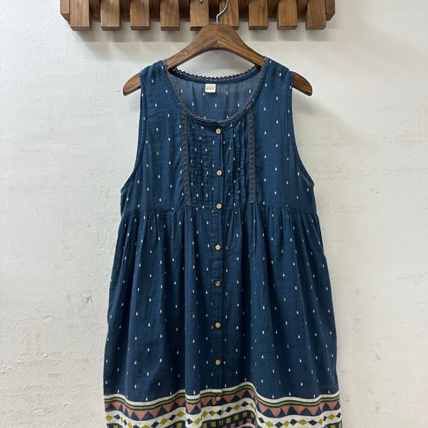 일본빈티지 네이비 핀턱에스닉 자수 우드버튼 레이어드 모리걸 바선생 원피스