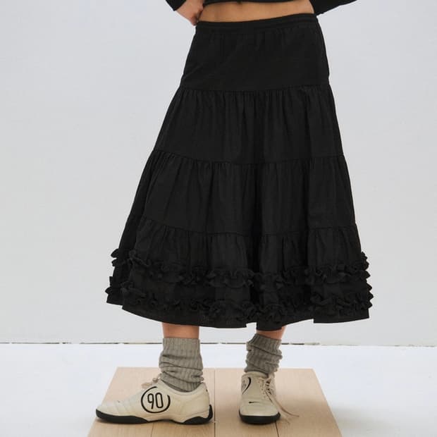 MIDDLE FRILL SKIRT, BLACK