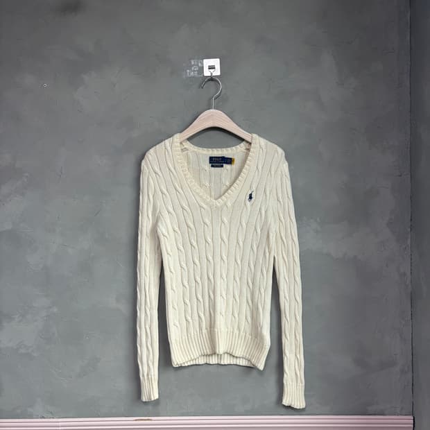 폴로 랄프로렌 피마코튼 꽈배기 브이넥 니트 아이보리