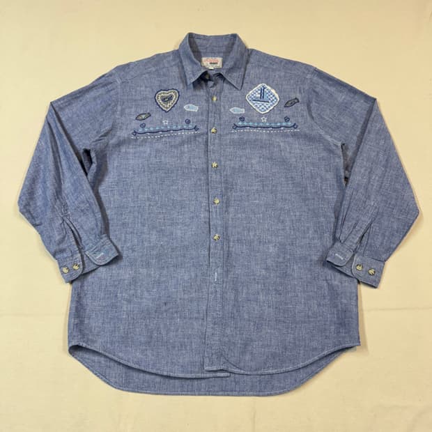M) A.T.LTD 일본 빈티지 자수 패치워크 샴브레이 셔츠