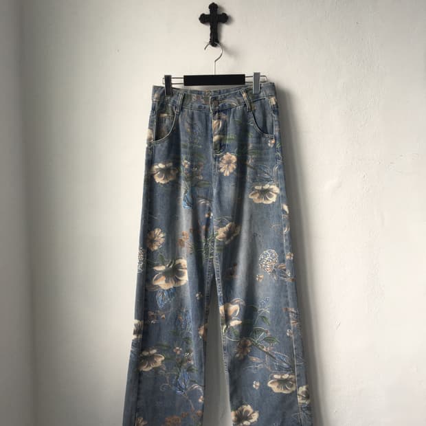 flower pattern printing denim pants