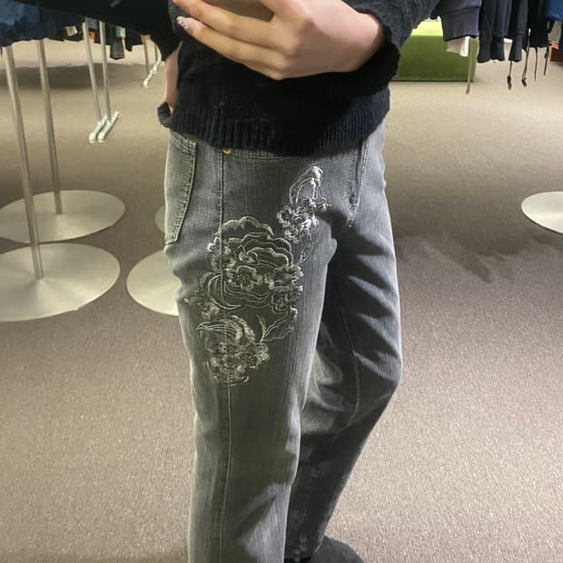 OS)일본 빈티지 여성 오리엔탈 자수 부츠컷 팬츠