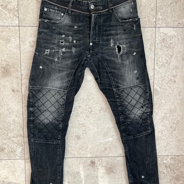 디스퀘어드2 블랙 퀼팅 바이커 청바지 46