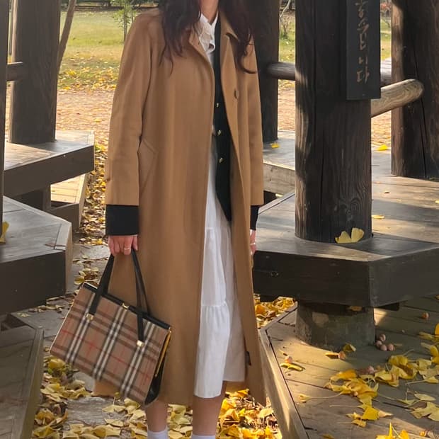 버버리 울 롱코트 카멜 브라운