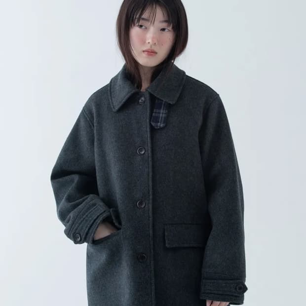 오헤시오 체크 코트 CHECK HALF WOOL COAT, CHARCOA
