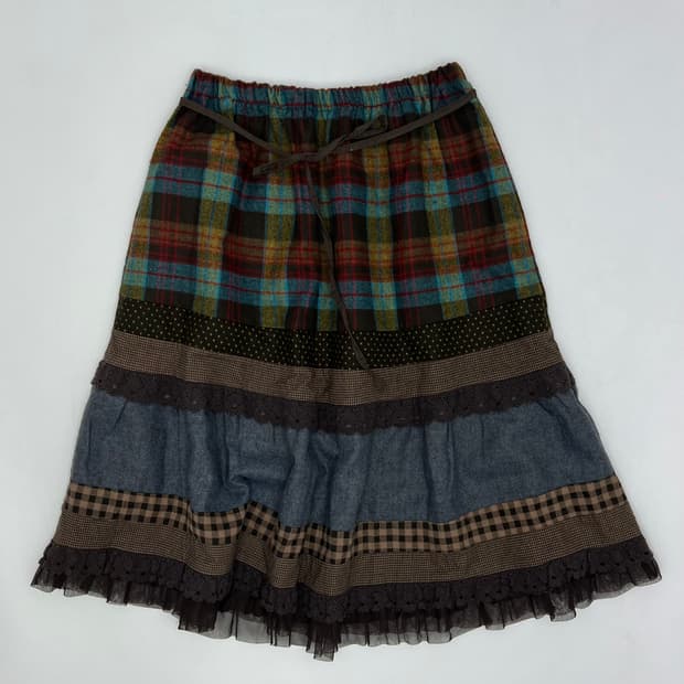 빈티지 체크 레이스 밴딩 스커트