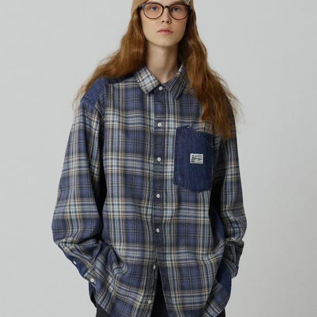 맥우드건 레이버 2108 데님패치워크 오버핏 더스티블루 체크셔츠