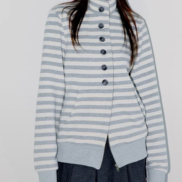 오피쉬 버튼 스트라이프 투웨이 집업 멜란지