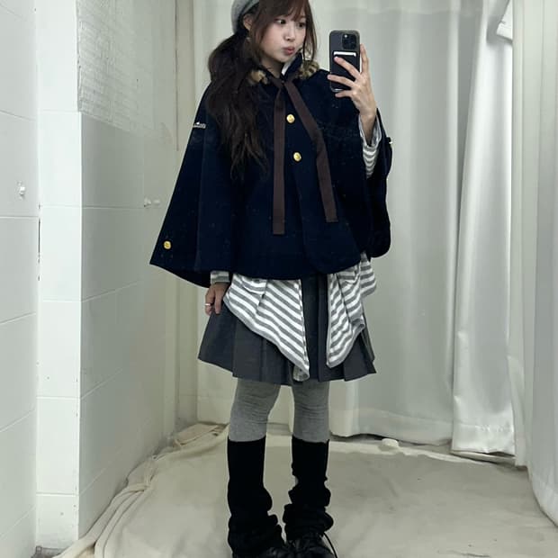 데일리 네이비 갸루 니혼진 케이프코트 프레피 코디세트