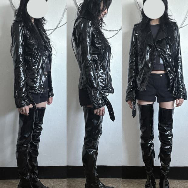 tripp nyc 페이턴트 레더 크롭컷 라이더자켓