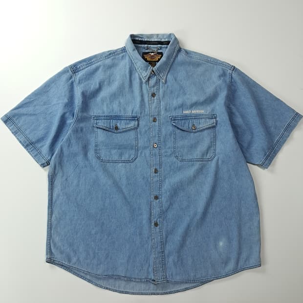 CK451 2XL 할리데이비슨 00s 홍콩판 중청 반팔 데님 셔츠 남방