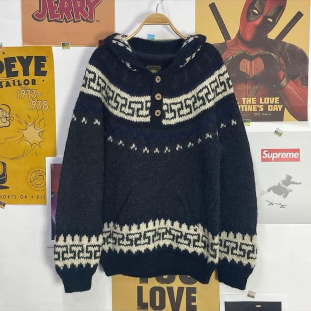 빈티지 울버튼 니트 후드