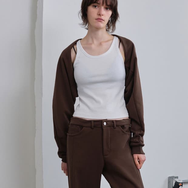 포허 브라운 코튼 볼레로 지켓 가디건