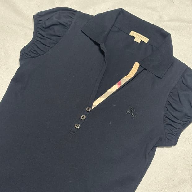 S 버버리 여성용 블랙 카라 반팔티