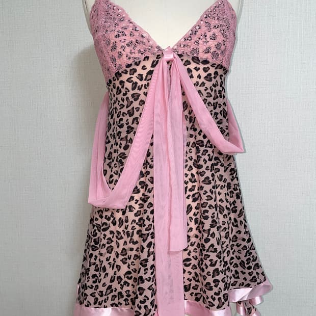 히메갸루 핑크 리본 호피 슬립 원피스