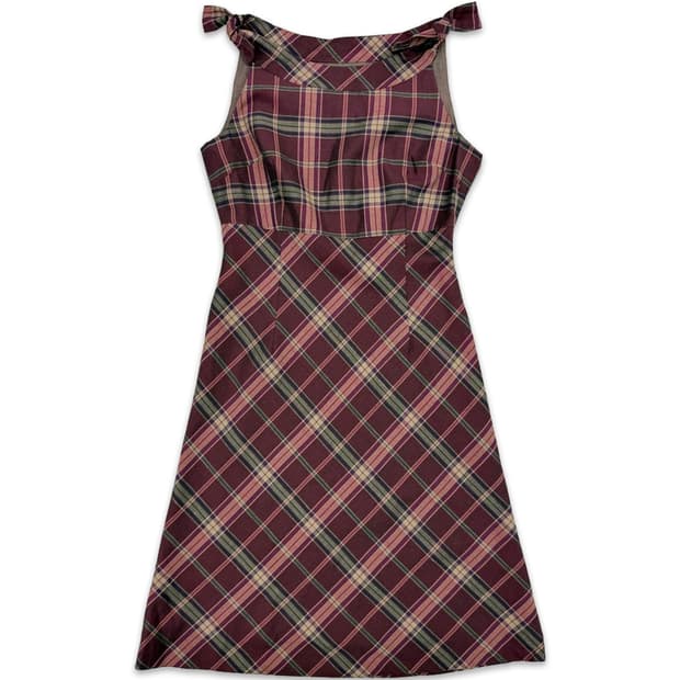 빈티지 핑크 체크 리본 미디 원피스