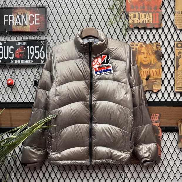 00s 챔피온 메탈릭 다운 패딩 자켓 전면 레이싱 패치 포인트 실버