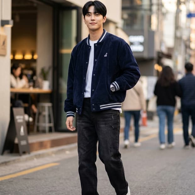 캉골 네이비 코듀로이 퀼팅 바시티 자켓