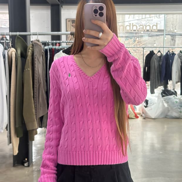 폴로랄프로렌 브이넥 케이블니트 핑크