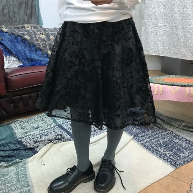빈티지 여성 벨벳 플라워패턴 시스루 밴딩 미디스커트 