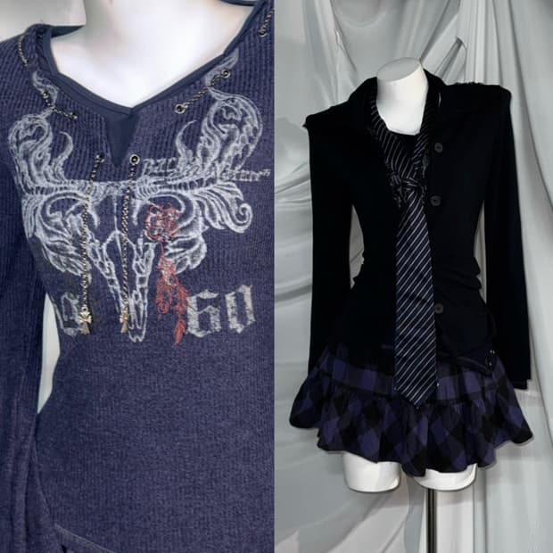 오즈크로스 레이어드 데일리 네이비 펑크프레피 코디세트 