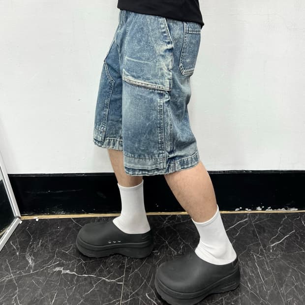 준지 에시드 워시 카고 데님 하프 팬츠
