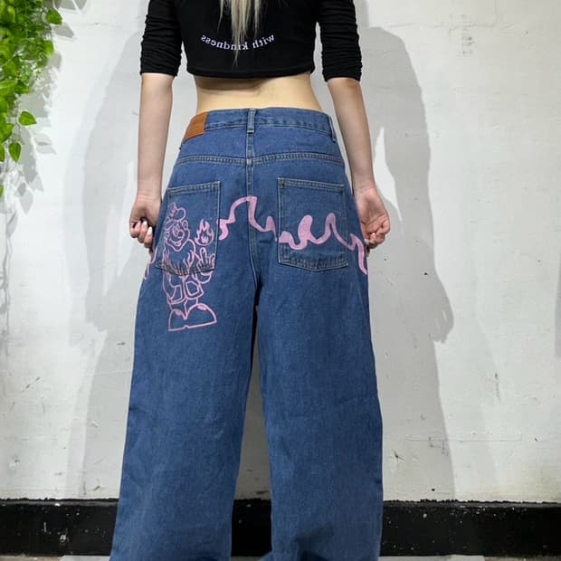 W 브랜드 중청 힙합 새깅 프린팅 포인트 와이드 데님 팬츠 청바지 M