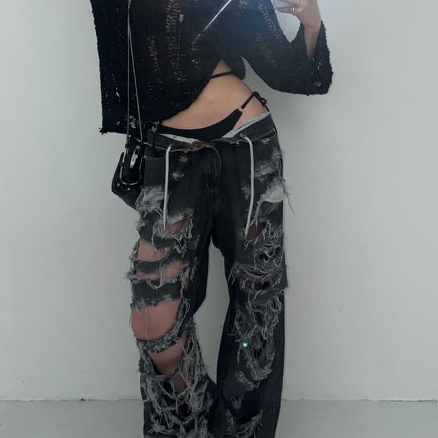 흑청 디스트레스 와이드진