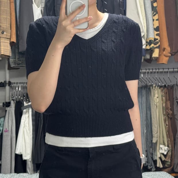 SIE 시에 네이비 꽈배기 반팔 니트