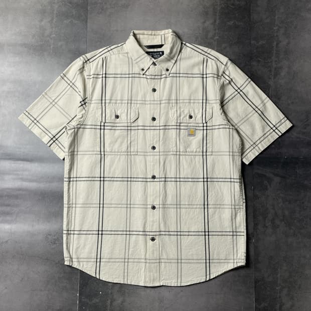 CARHARTT 칼하트 아이보리 체크 다운버튼 반팔 워크셔츠 A01080