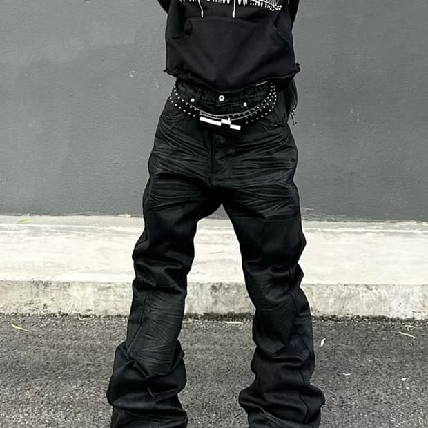 워싱 블랙 스택 데님 팬츠