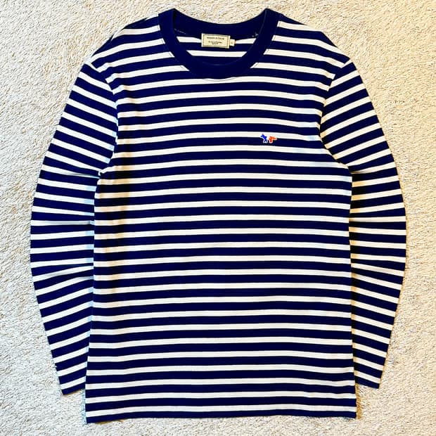 메종키츠네 트라이컬러 스트라이프 롱슬리브 긴팔 티셔츠 네이비