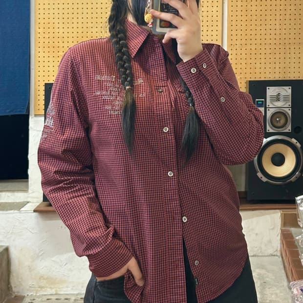 JPN MCD 깅엄 체크 펑크 자수 셔츠