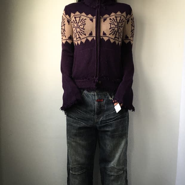 Grunge mood fringe knit zip up